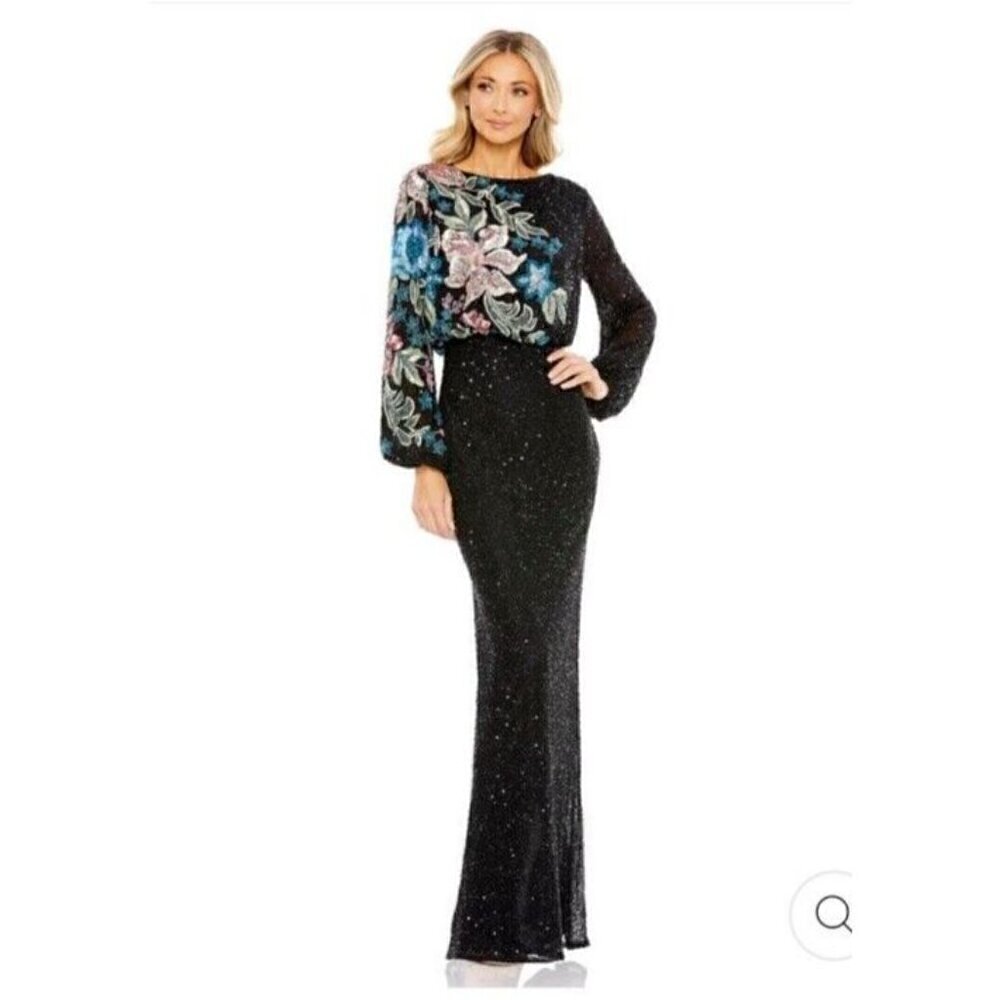 Mac Duggal Black Sequin Gown with Floral Embroidered Bodice and Long Sleeve